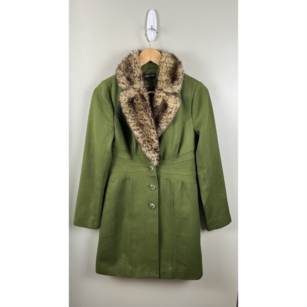 Rampage Y2K Pea Coat Faux Fur Collar Preppy‎ Green Womens Sz M